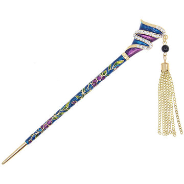 Enamel Abstract Design Floral Hair Stick w/ Rhinestones and Tassels Purple